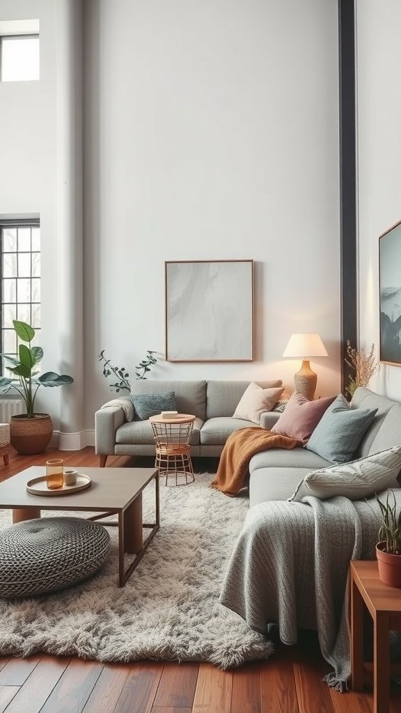 A cozy modern loft living room featuring layered textures with soft cushions, a chunky knit throw, and a plush area rug.