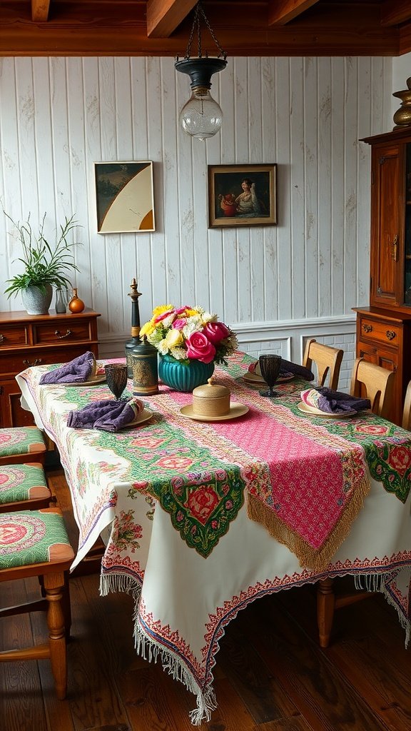 A farmhouse dining table decorated with a colorful patterned tablecloth, floral centerpiece, and elegant black tableware.
