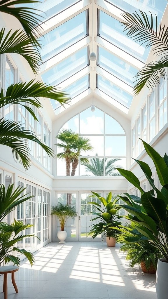 A bright indoor space with a glass ceiling and tropical plants, featuring ample natural light.