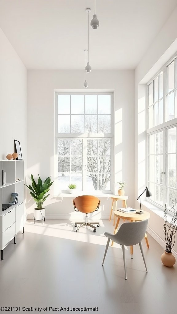 A bright Scandinavian-style home office with large windows, minimalistic furniture, and plants.