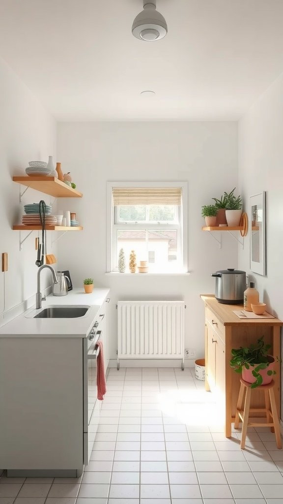 Bright and airy tiny house kitchen with white walls, light wood shelves, and potted plants.
