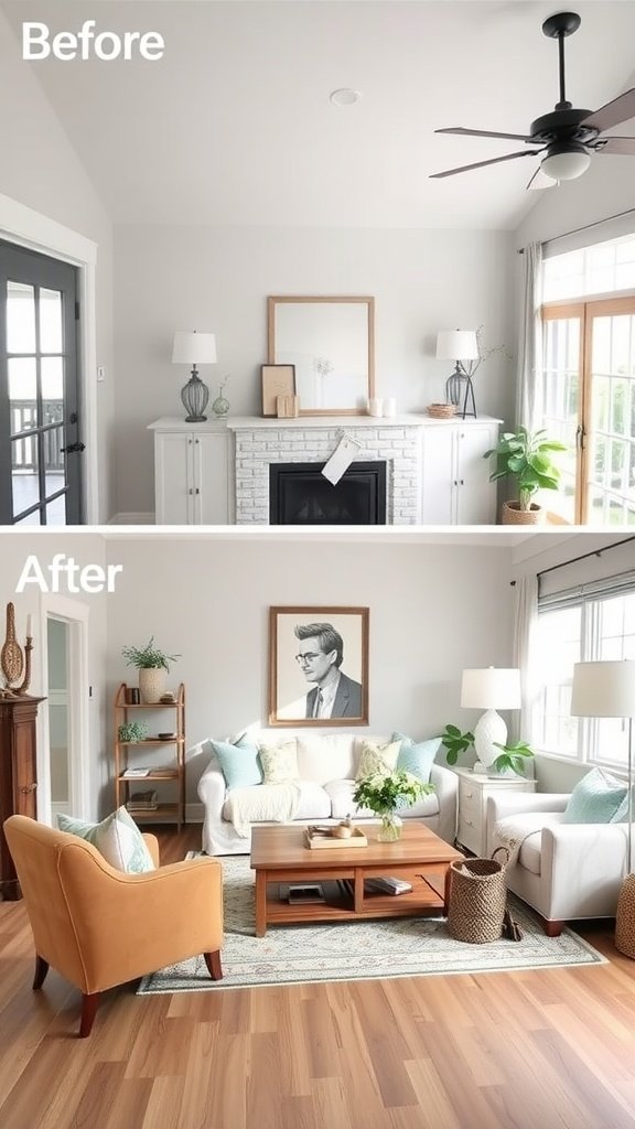 Before and after images of a living room makeover showing a transformation from a bland space to a warm and inviting area.