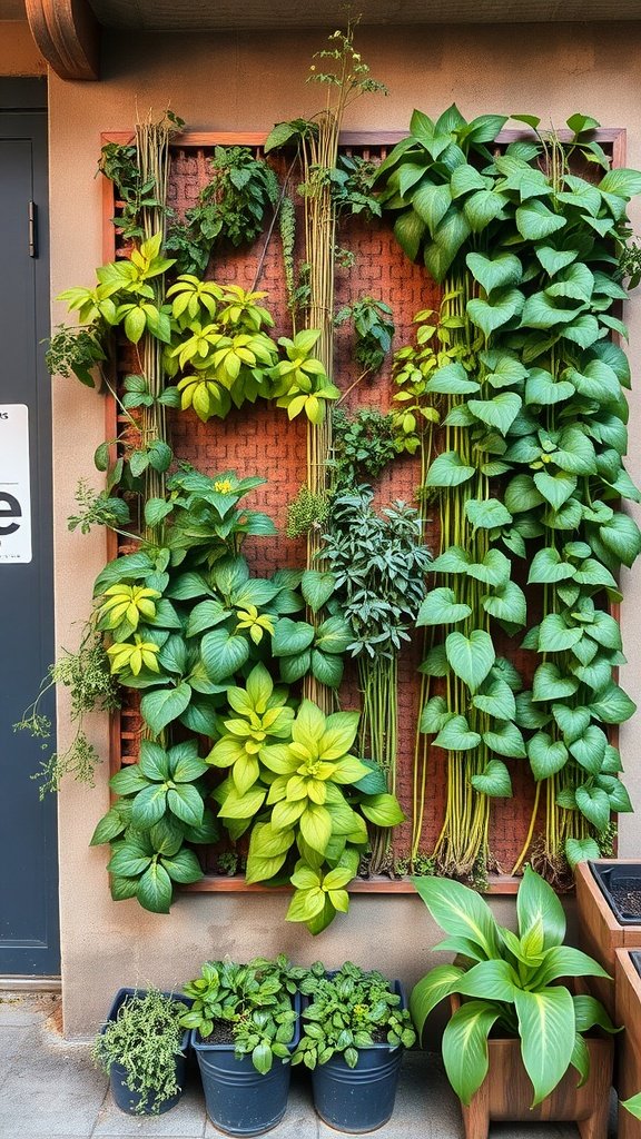 A living wall with various edible plants in pots, showcasing vibrant greens and herbs.