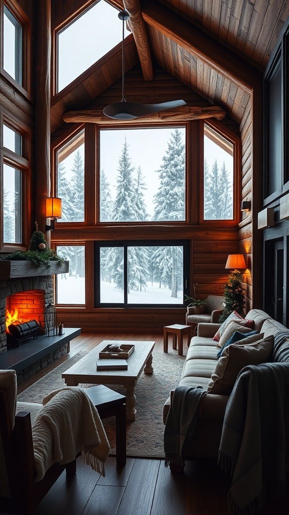 Cozy lodge lounge with large windows showing a snowy landscape, a fireplace, and comfortable seating.