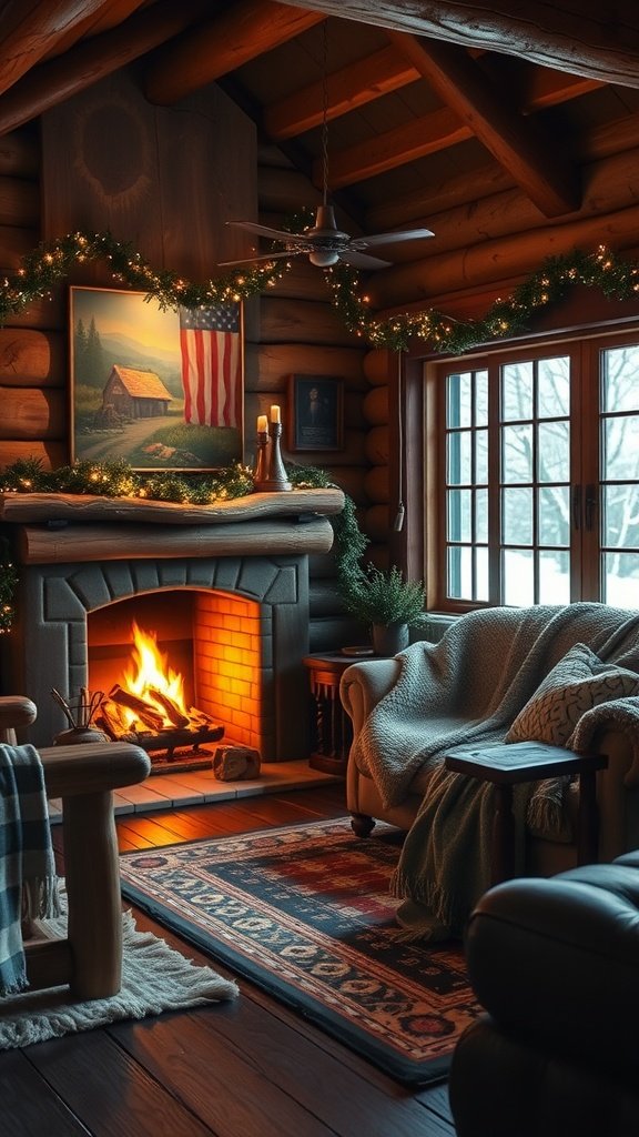 Cozy winter cabin interior featuring a fireplace, soft furnishings, and festive decorations.