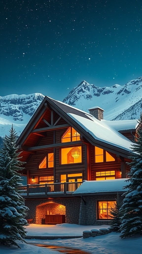 A rustic lodge in the snowy mountains with warm lights glowing from its windows under a starry night sky.