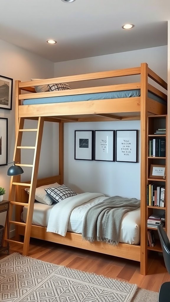 Loft bed with integrated bookshelves and cozy bedding in a modern room setting.