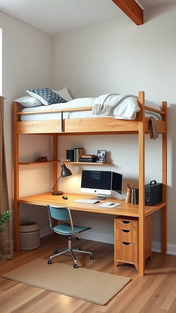 A loft bed with an integrated desk underneath, showcasing a cozy sleeping area and a functional workspace.