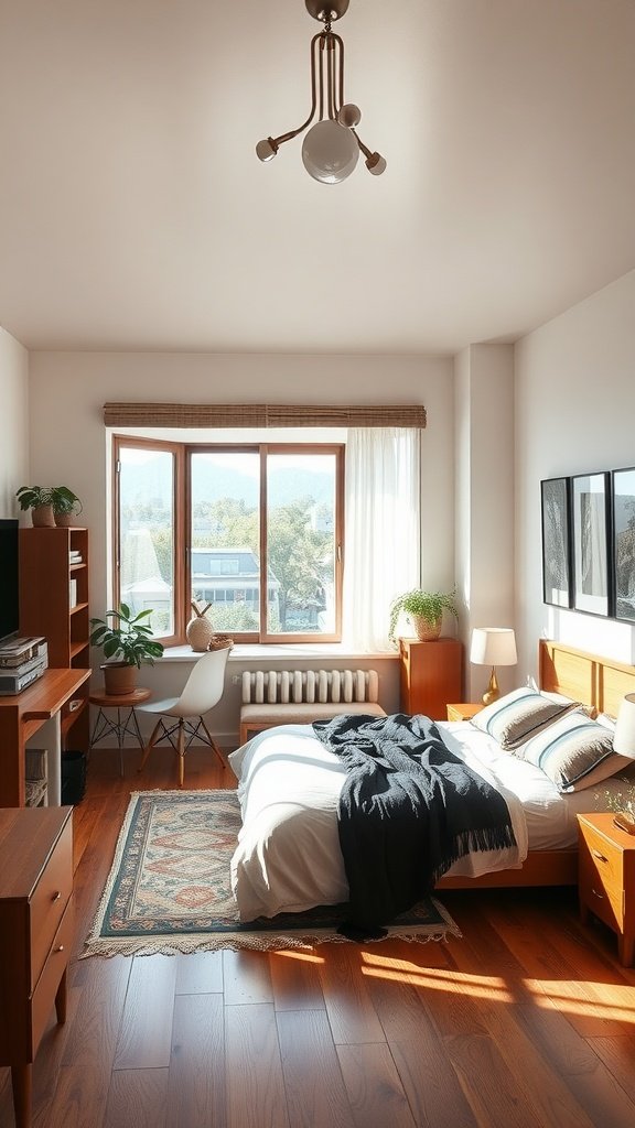 Cozy loft bedroom featuring floor-to-ceiling windows, warm wooden flooring, and minimalist decor.