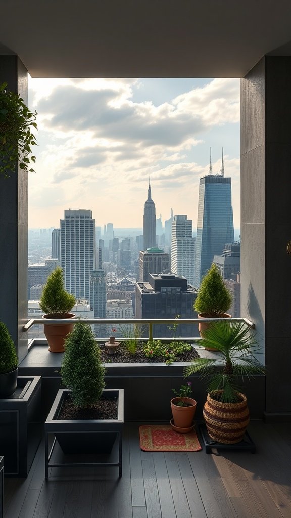 A rooftop garden in a New York loft with pots of plants and a view of the city skyline.