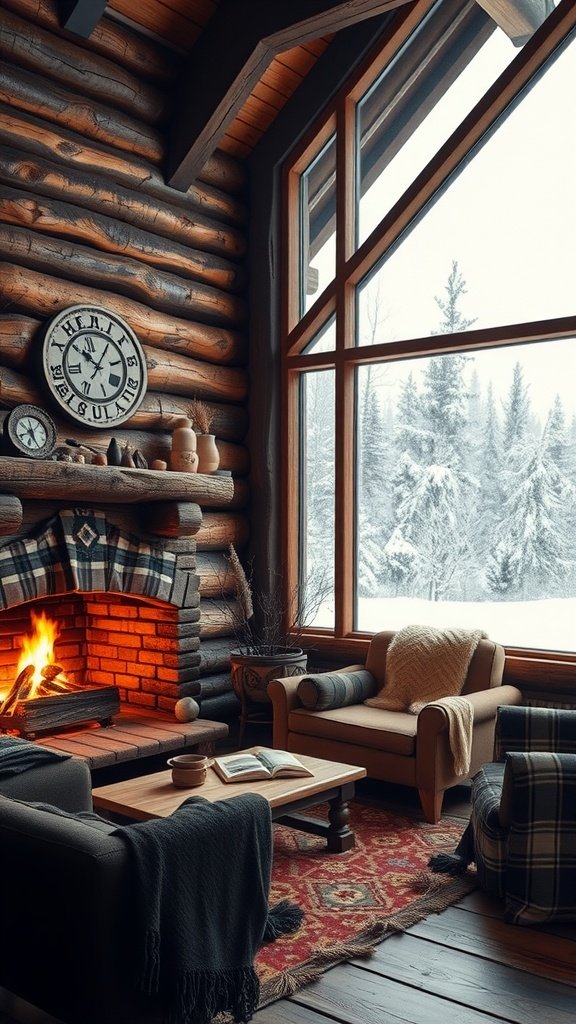 Cozy log cabin interior with a fireplace, large windows, and rustic decor, surrounded by a snowy landscape.