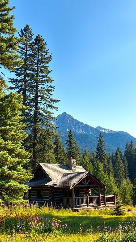 A cozy log cabin surrounded by tall trees and colorful wildflowers, with majestic mountains in the background.