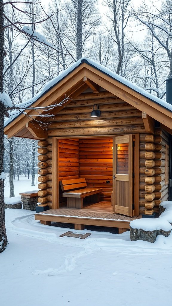 A cozy log cabin surrounded by snow, featuring a private sauna.