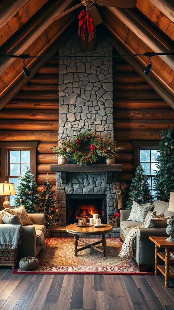 Cozy rustic cabin interior with stone fireplace, decorated for winter with Christmas trees and comfortable seating.