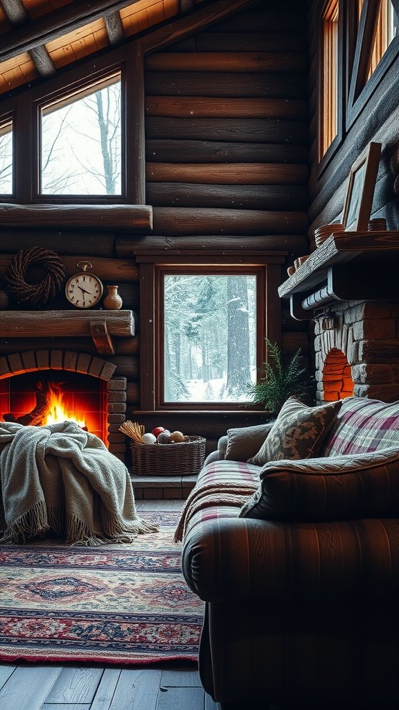 Cozy log cabin interior with a fireplace, a comfortable sofa, and large windows showcasing a snowy landscape.