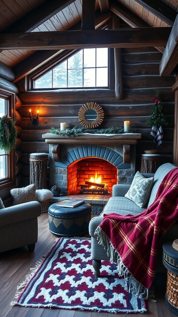 Cozy log cabin interior with a fireplace, sofa, and winter decorations