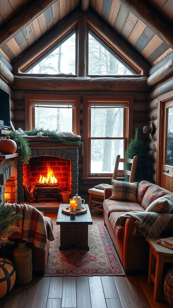 Cozy log cabin interior with fireplace, comfortable seating, and snowy view outside.