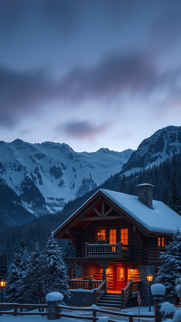 A rustic mountain house made of timber and stone, set against a snowy mountain backdrop.