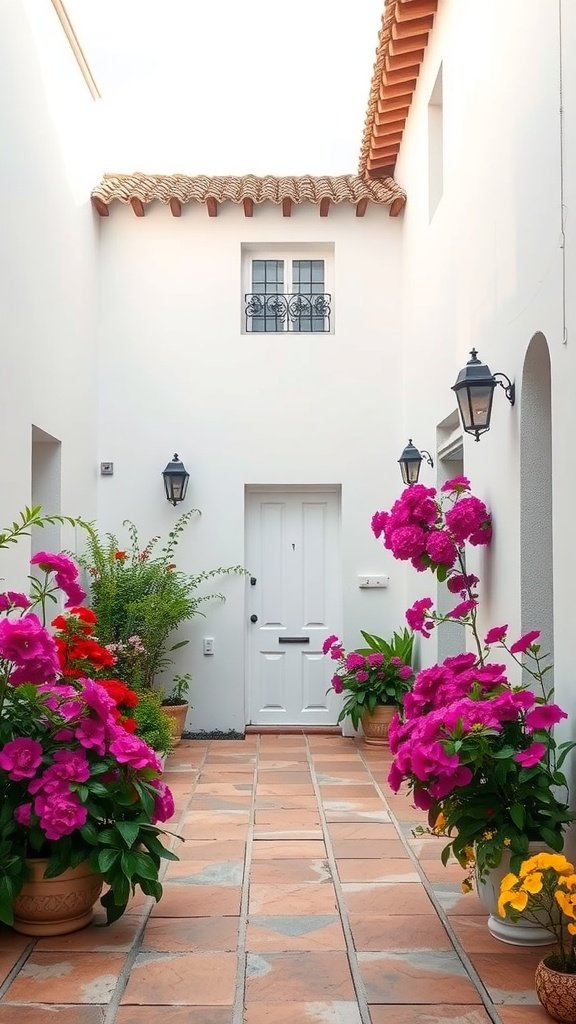 A lush courtyard featuring vibrant flowers and white walls, showcasing a peaceful outdoor space.