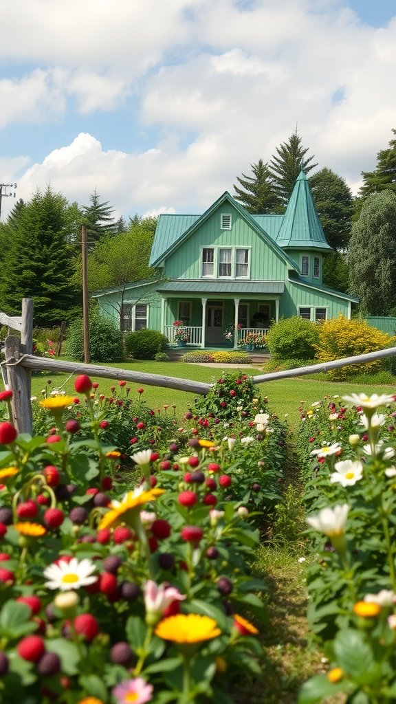A green farmhouse surrounded by a lush garden and berry patch, under a blue sky.