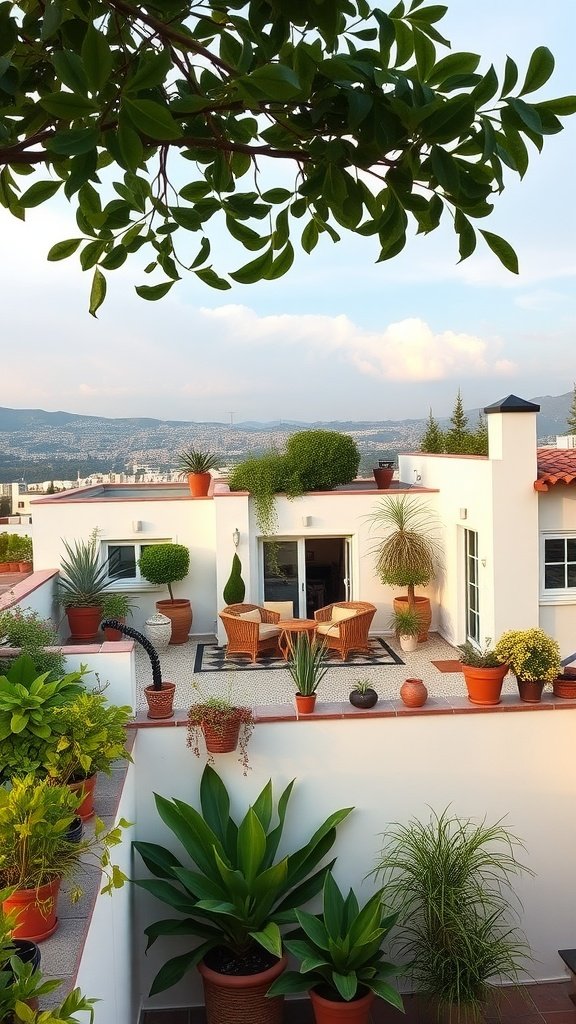 A charming rooftop garden featuring potted plants and a cozy seating area with stunning views.