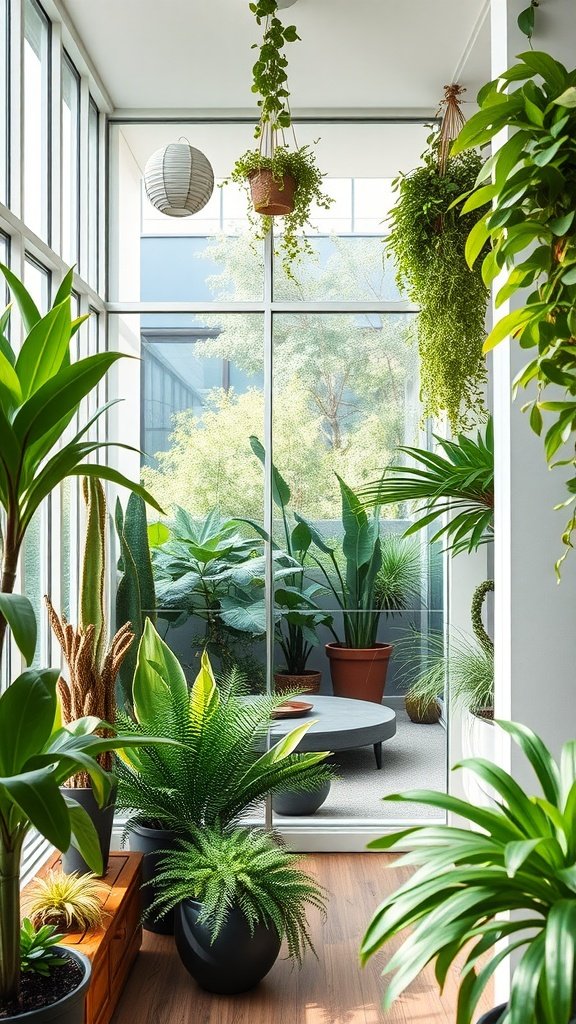 A bright indoor garden filled with various plants, large windows, and a cozy seating area.