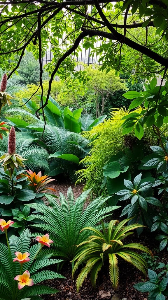 A lush shade garden featuring various ferns and colorful flowers surrounded by greenery.