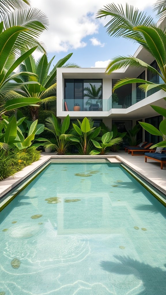 Modern house with a natural pool surrounded by tropical plants