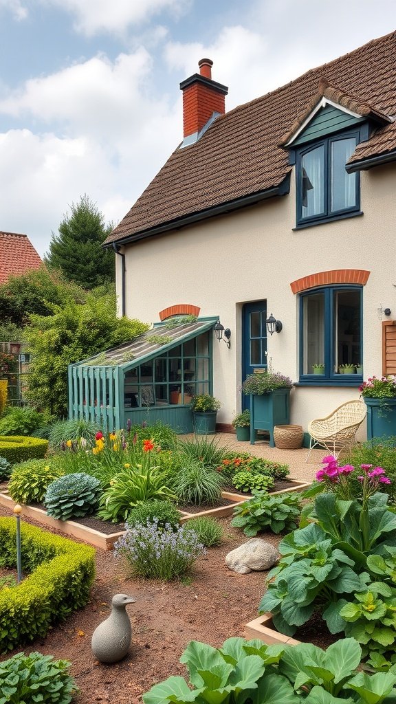A charming vegetable garden adjacent to a modern English cottage with colorful flowers, a stone duck statue, and a glass sunroom.
