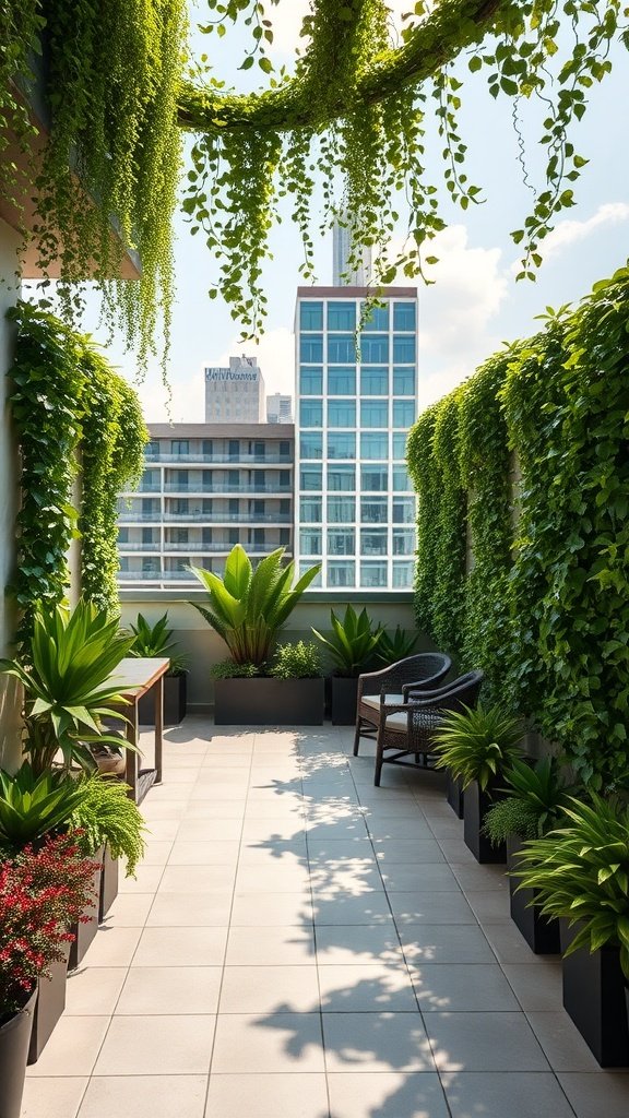 A terrace featuring lush vertical gardens and outdoor seating, creating a private and inviting space.
