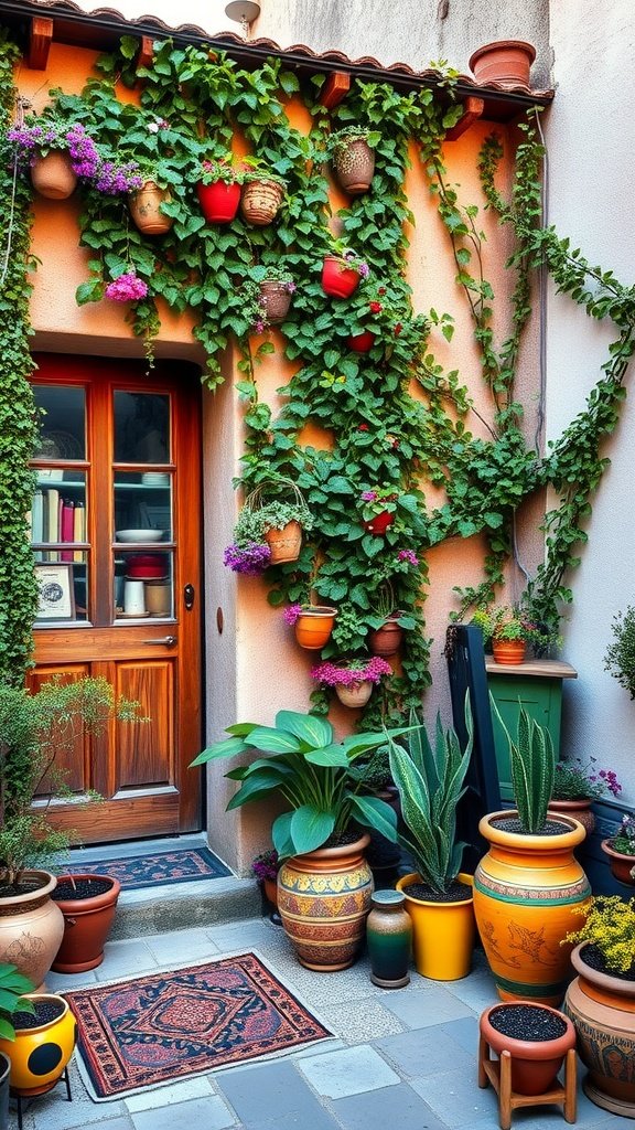 A rustic facade featuring lush vertical gardens with colorful flowers and climbing plants.