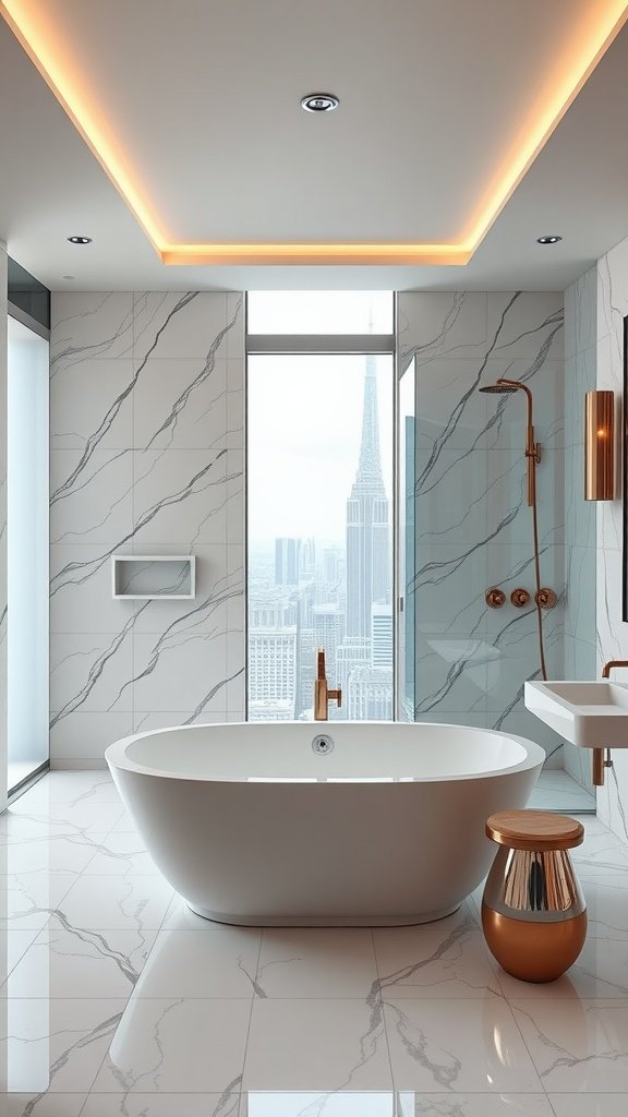 Luxurious modern bathroom featuring a freestanding bathtub, marble walls, and a view of the city skyline.