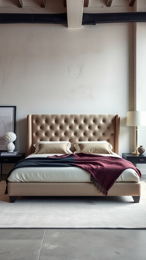 Luxe upholstered loft bed with tufted headboard and decorative throw