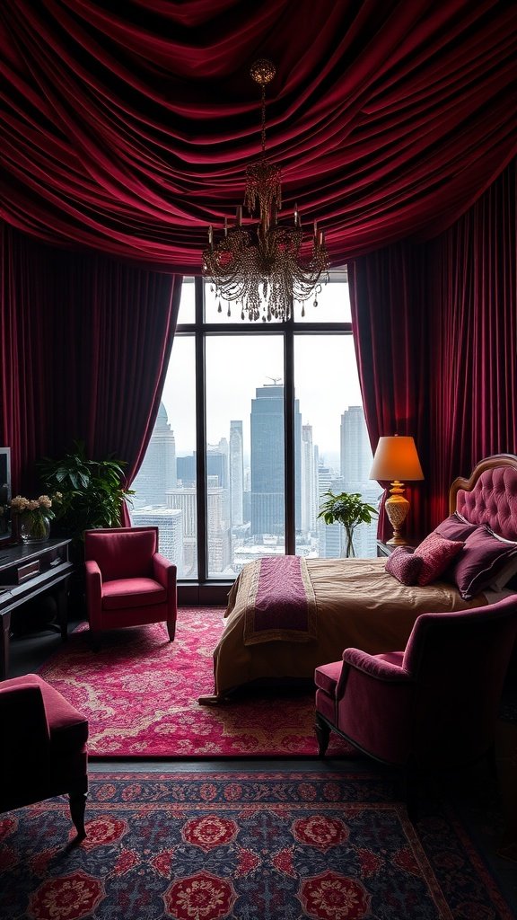 Luxurious bedroom with velvet textiles in deep red, featuring a chandelier and a city view