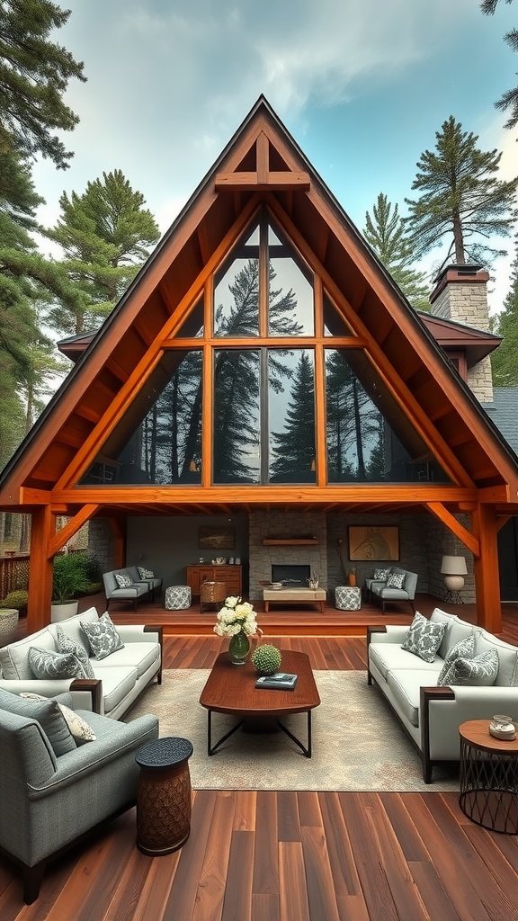 Luxurious A-frame house interior with spacious seating area and large windows