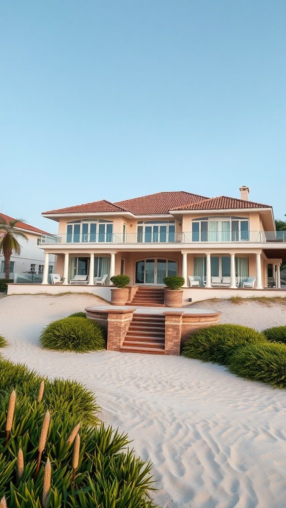 A luxurious beachfront estate with a sandy pathway and lush greenery leading to the house.