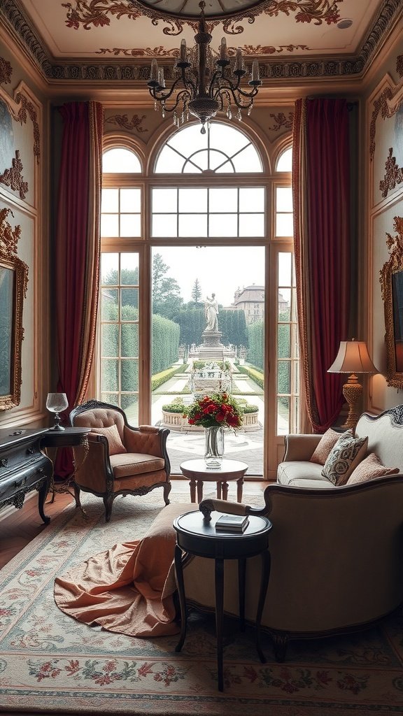 Elegant interior of a luxurious château boudoir with large windows, plush furniture, and beautiful decor.