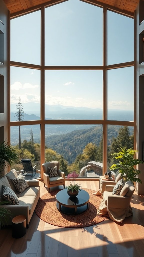 Luxurious living room with a large window overlooking a hillside view.