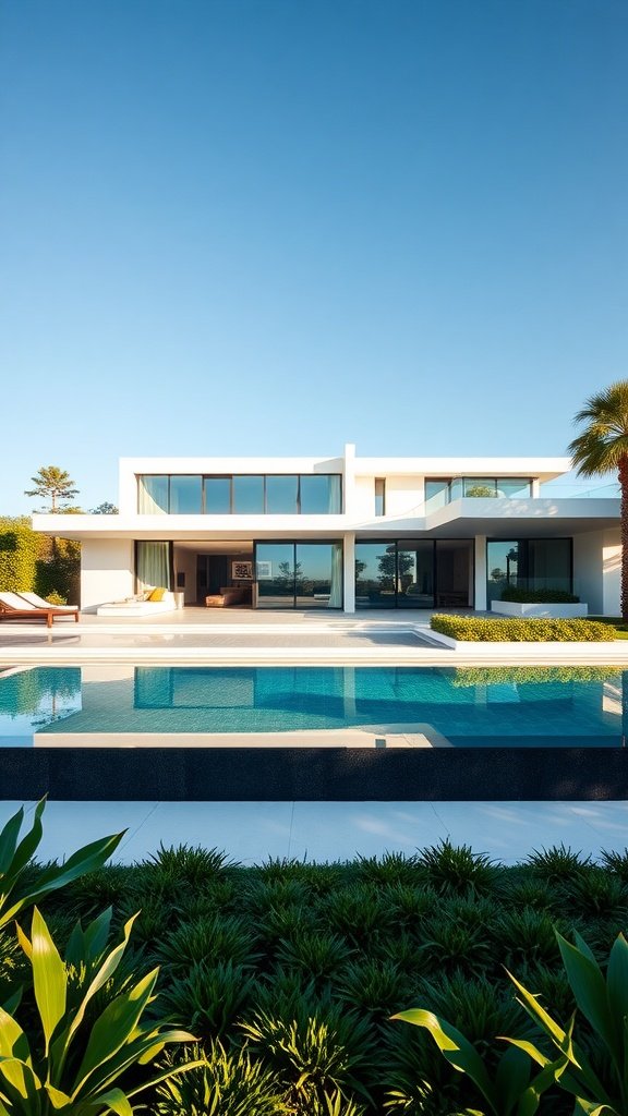 A luxurious modern mansion with a pool surrounded by greenery