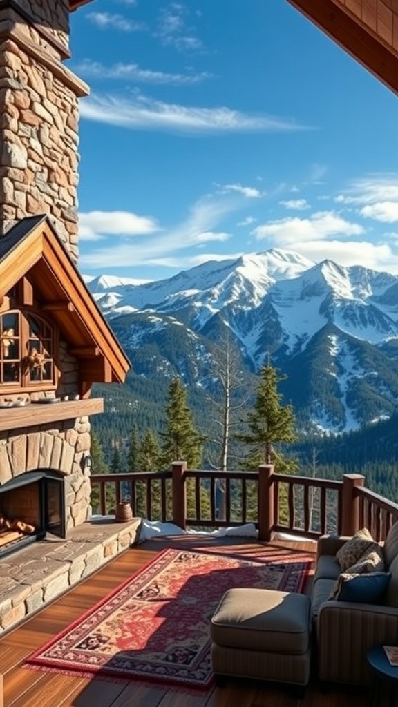A cozy mountain cabin with a stone fireplace and a view of snow-capped mountains