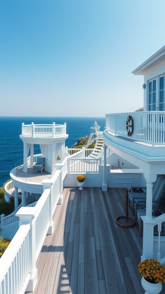 Luxurious white exterior home with a spacious deck overlooking the ocean