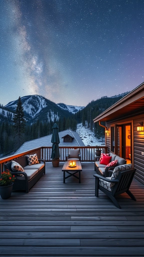 A mountain home deck featuring cozy seating and a fire pit under a starry sky.