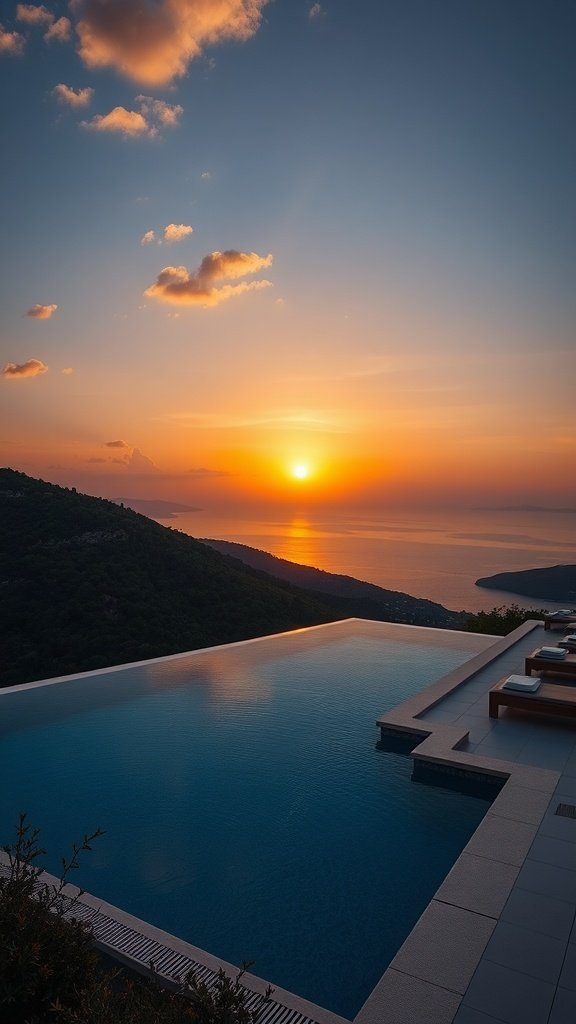A luxurious hillside house with an infinity pool overlooking a sunset over the ocean.