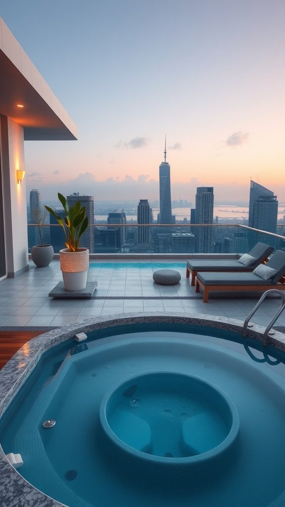 A luxurious spa sanctuary featuring a hot tub with a city skyline view at sunset.