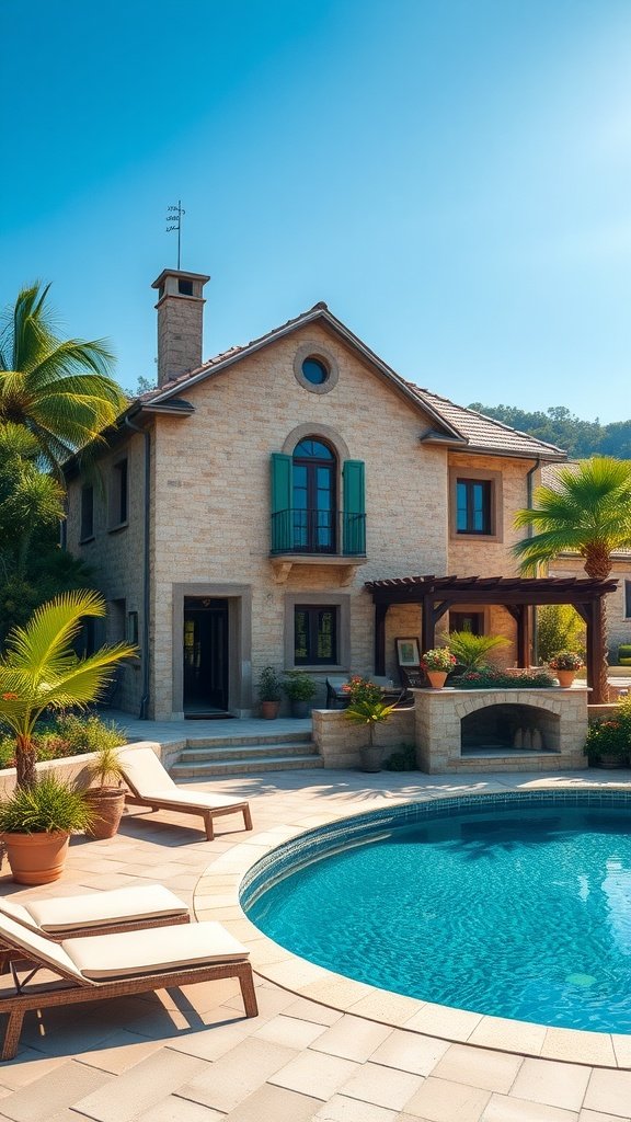 Luxurious stone cottage beside a sparkling blue pool surrounded by palm trees and lounge chairs.