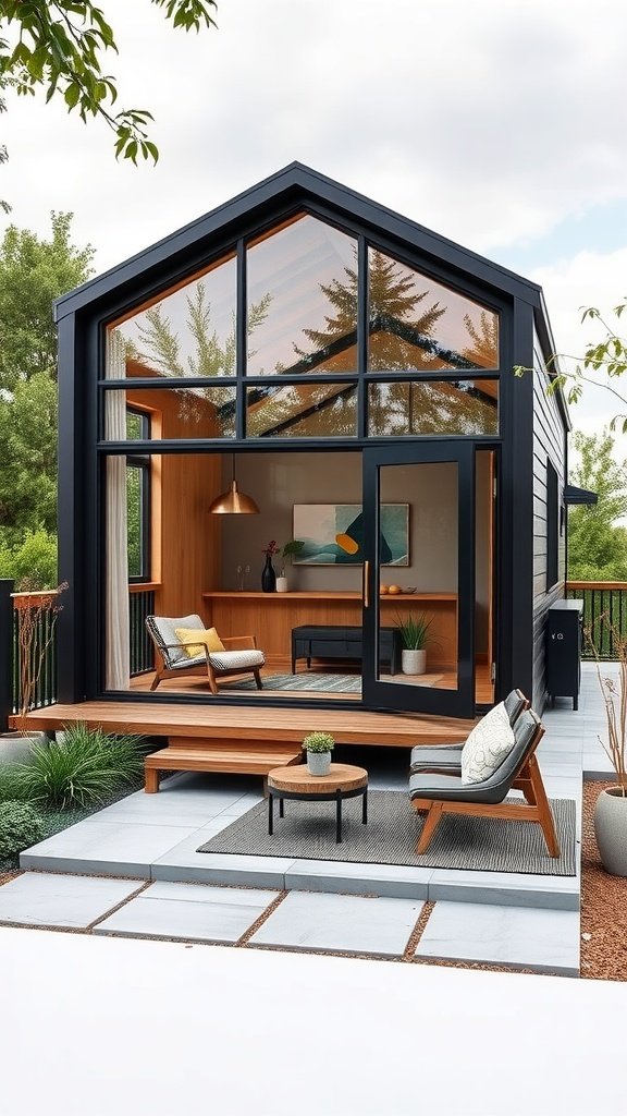 A modern tiny house with large windows, wooden elements, and a cozy outdoor seating area.
