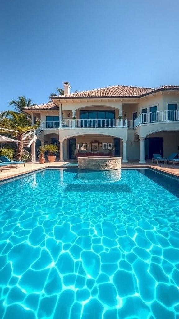 A luxurious villa featuring a pool with a swim-up bar, surrounded by palm trees and elegant architecture.