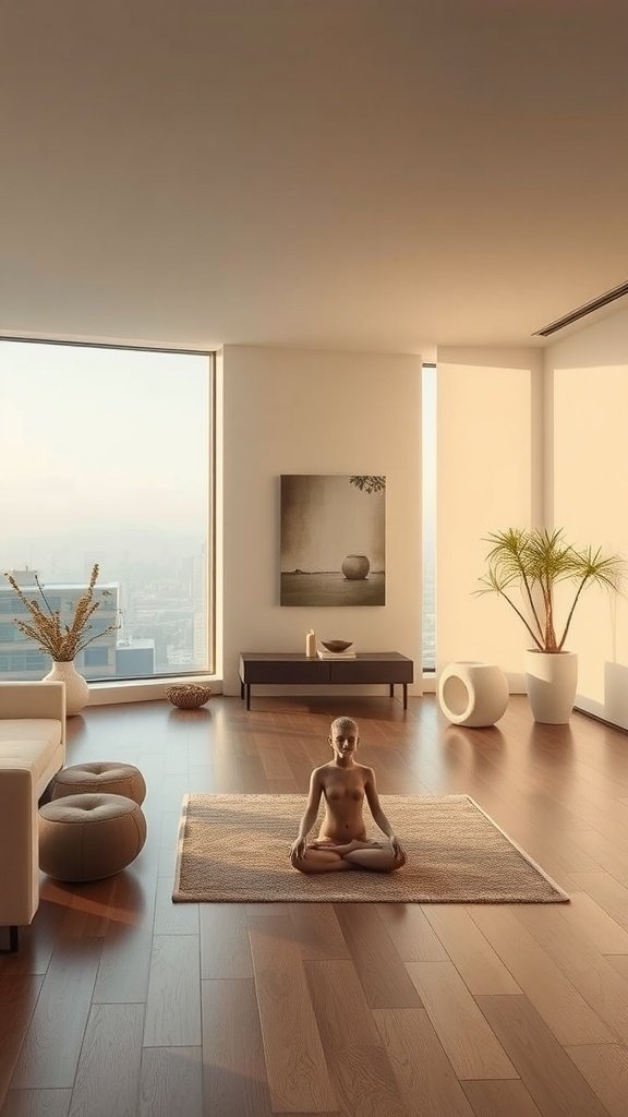 A serene interior of a luxurious penthouse featuring a meditation area, natural light, and green plants.