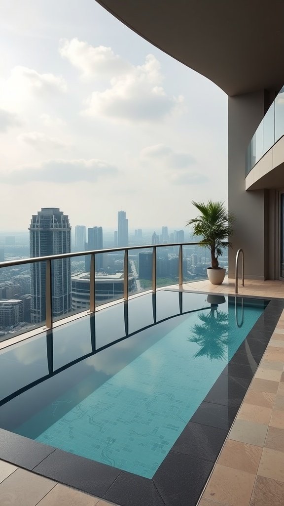 A private balcony pool with a view of a city skyline.