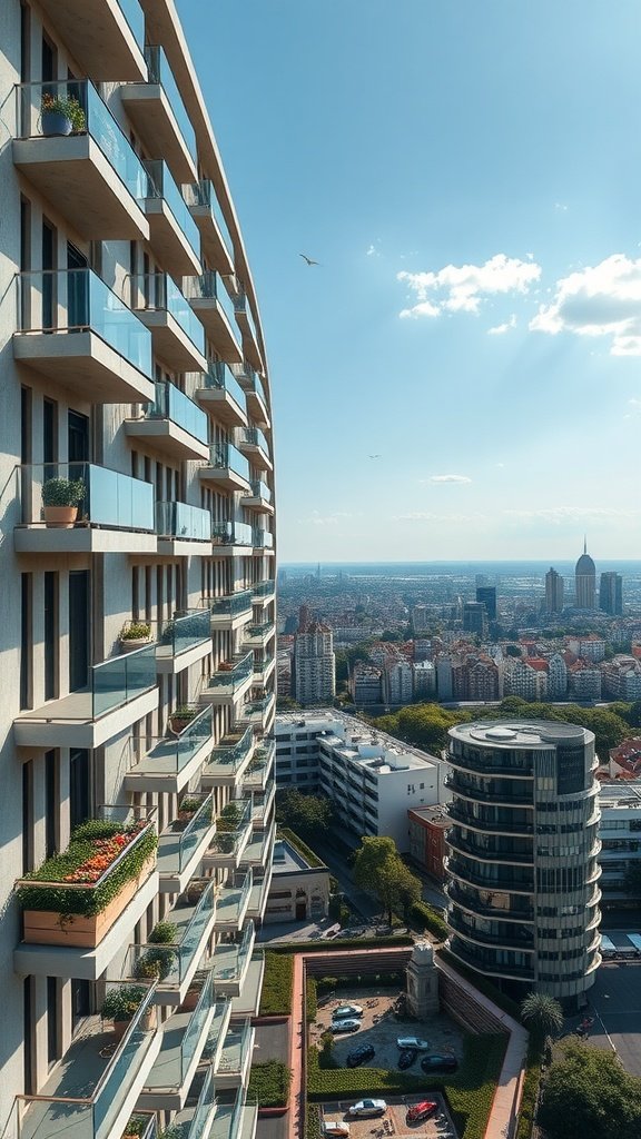 Luxury apartment building with precast concrete design and balconies filled with plants, overlooking a city skyline.
